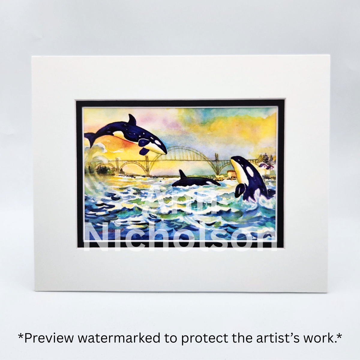 Orcas in Yaquina Bay Watercolor Art Print by Ann Nicholson – 8 x 10"