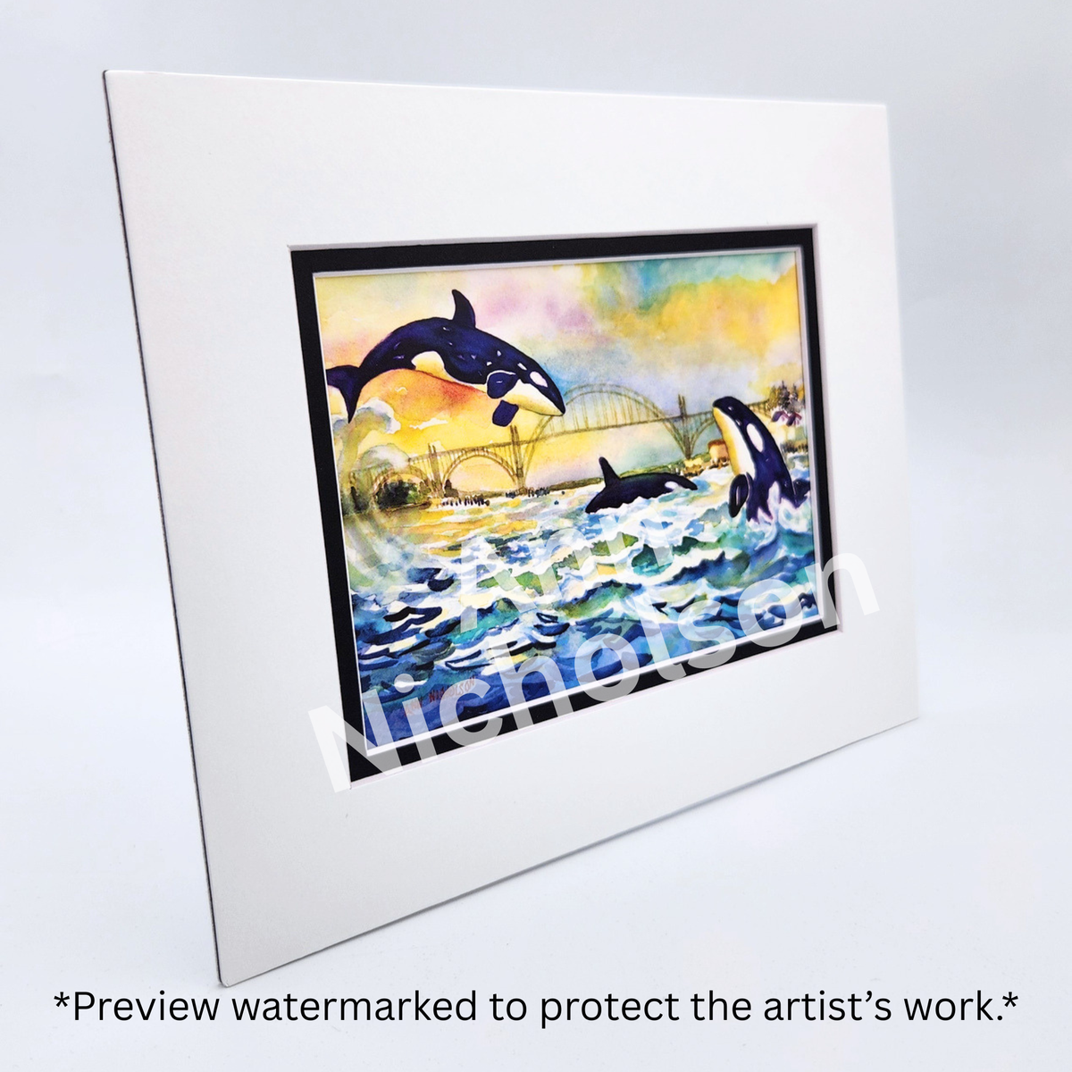 Orcas in Yaquina Bay Watercolor Art Print by Ann Nicholson – 8 x 10"