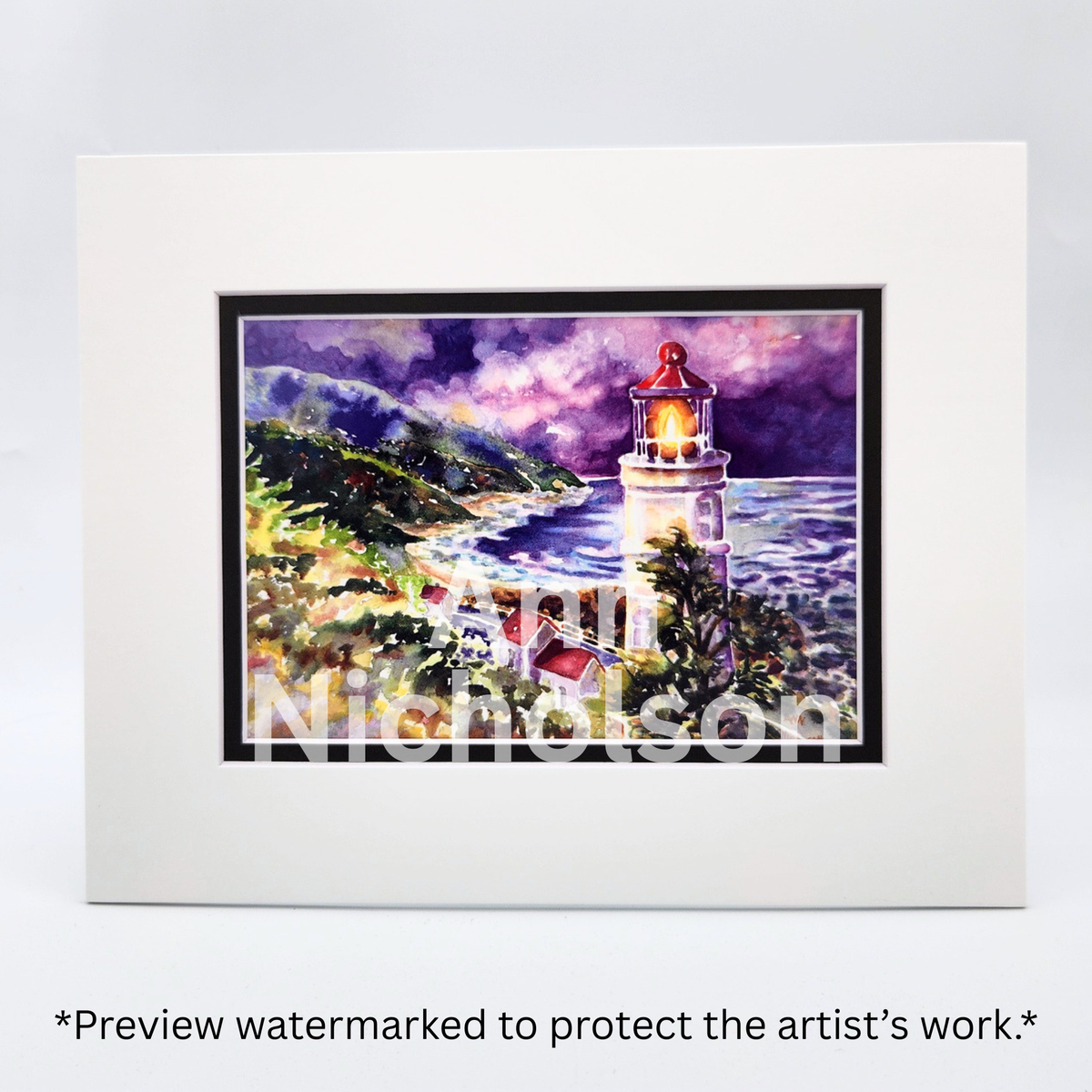 Heceta Head Lighthouse Watercolor Art Print by Ann Nicholson – 8 x 10"